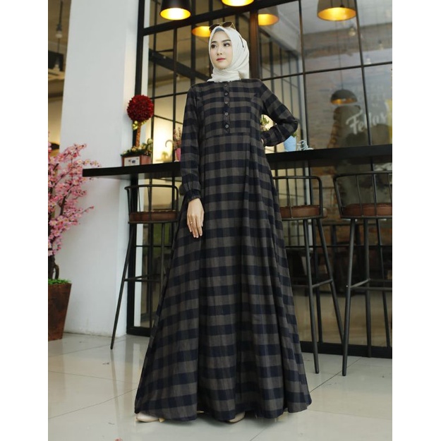 PAKAIAN MUSLIM WANITA DRESS MUSLIM GAMIS SYAR'I PREMIUM IMPORT ORIGINAL KATUN FLANEL MOTIF KOTAK PER