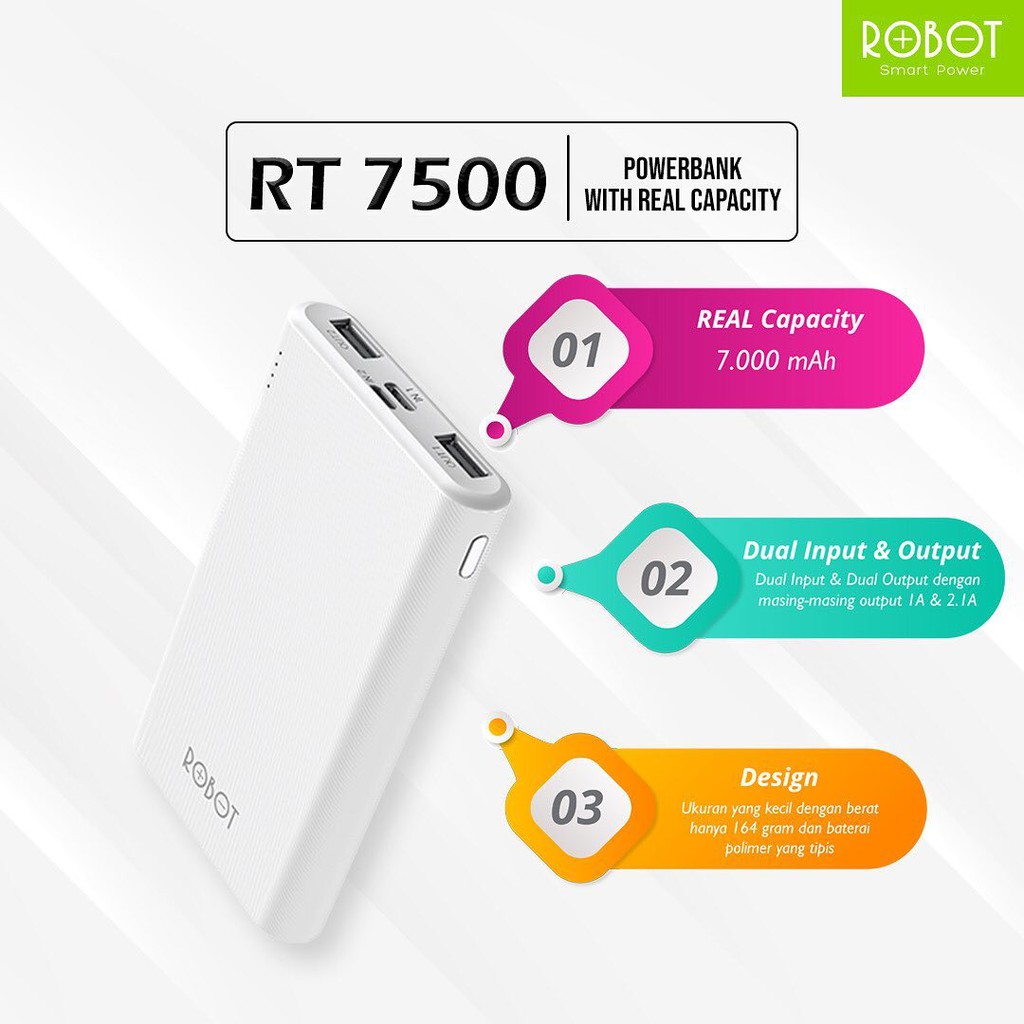 ROBOT RT7500 PB Power Bank 7000mAh Dual USB 2 Port Output + 2 Input Micro/Type-C