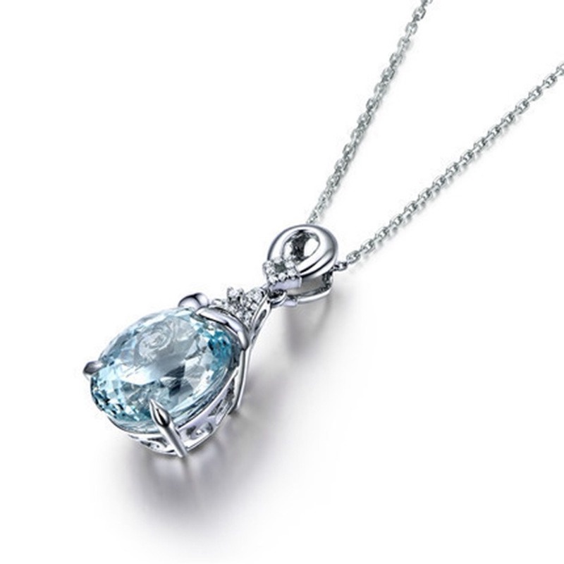 [Ready Stock]Fashion Inlaid Aquamarine Pendant Female Elegant Simple Necklace