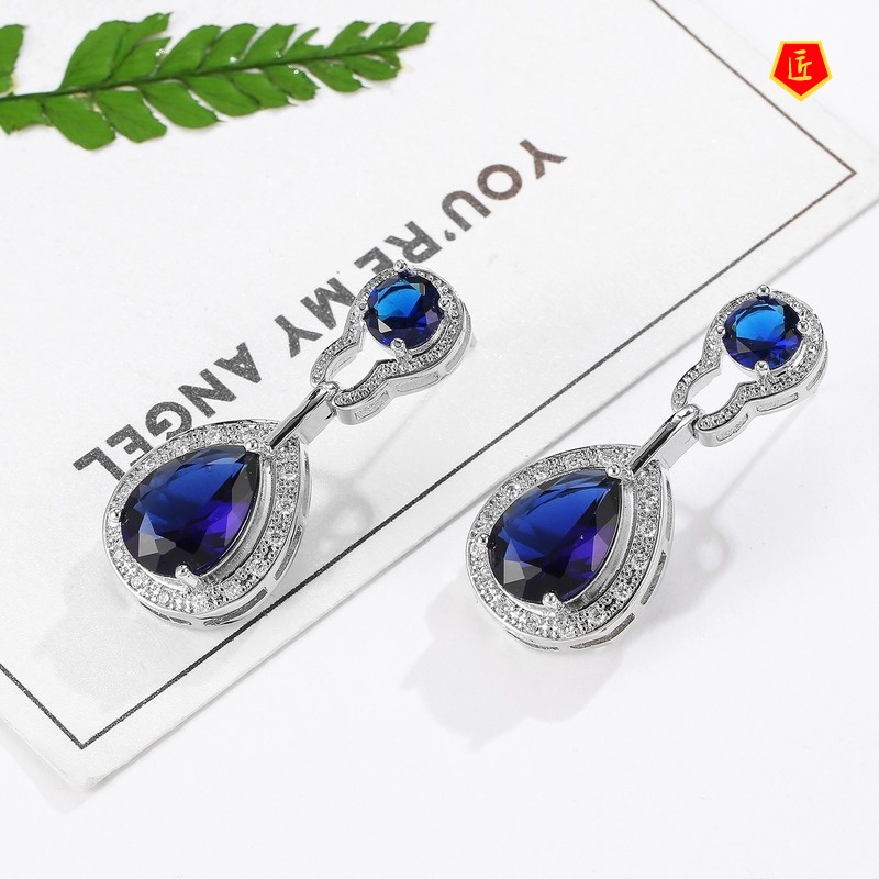 [Ready Stock]Dark Blue Sapphire Pendant Refined Rhinestone Stud Earrings