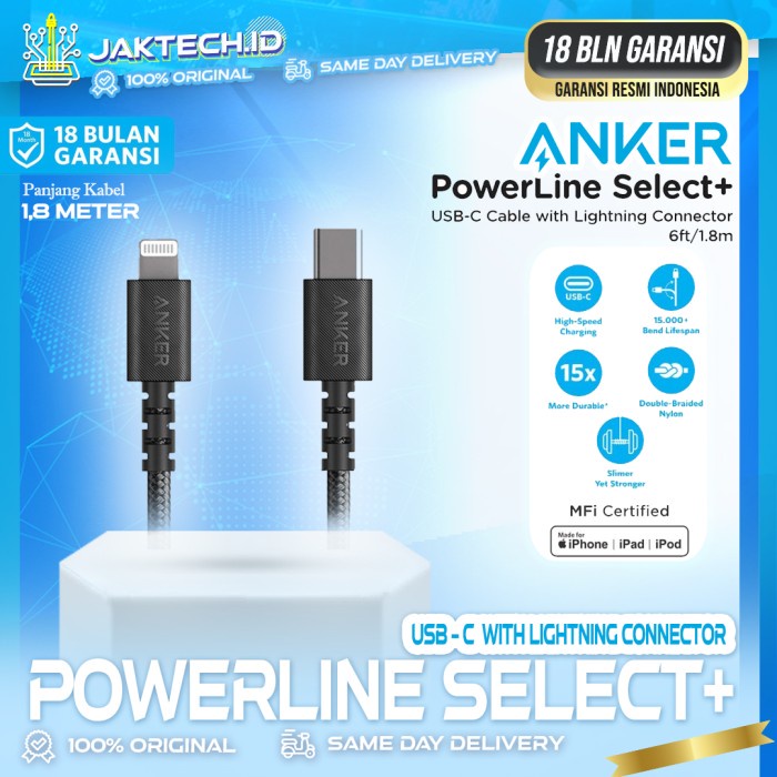 Kabel Charger Anker PowerLine Select+ USB-C to Lightning 3ft/6ft