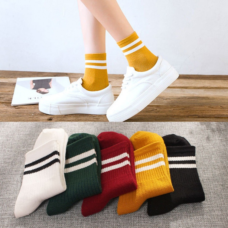 ❀ Chingu ❀ KK006 Kaos Kaki (Tanpa Kemasan) Wanita Panjang Diatas Mata Kaki Motif Garis Olahraga Fashion Korea Women Sock Import Murah