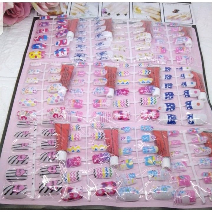 KUKU PALSU CANTIK LUCU/ FAKE NAIL/ KUKU PALSU/ KUKU MAINAN CANTIK ISI 6 PASANG FREE LEM