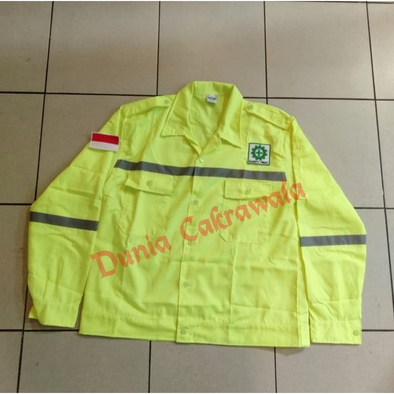 Baju Kerja Safety Plus Logo / Baju Proyek / Seragam Safety / Seragam Kerja Warna Hijau Stabilo