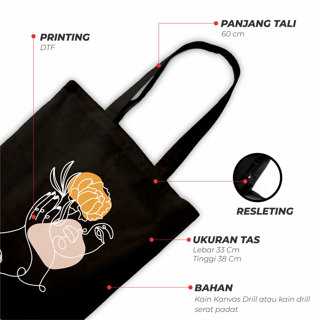 Sevine Tote Bag Resleting Tas Wanita Totebag Motif Face Line Art modern Black Series  - WGF3