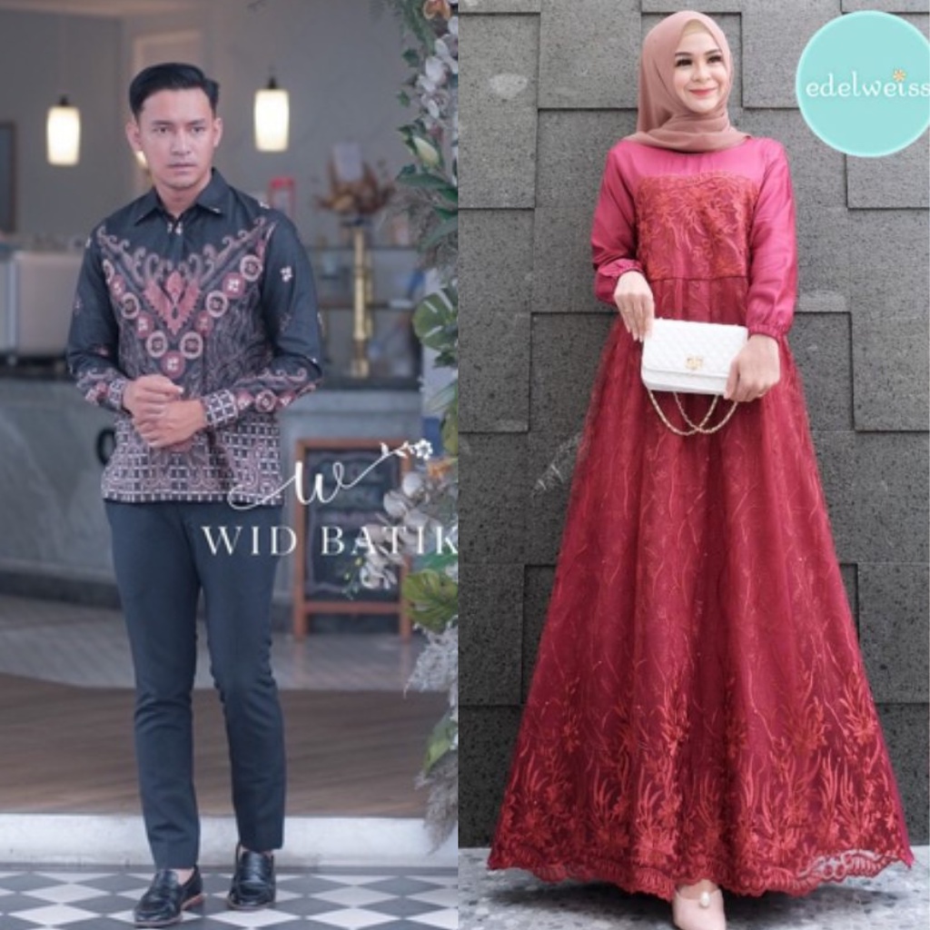 ADA JUMBO - Couple Gamis Brukat Premium Gamis Brukat Dress Brukat Couple Lamaran Kondangan Kemeja Batik Couple Brukat