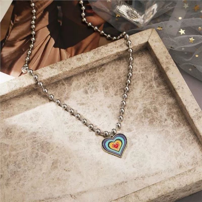 Kalung Bandul Love Pelangi Aksesoris Outfit Necklace Remaja Multiclour