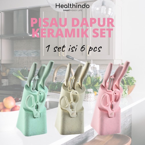 Pisau Set 6 in 1 Keramik  Plus Holder pisau  Anti Lengket / Pisau Dapur Keramik Gunting Plus Holder / pisau daging steak roti buah apel sayur bawang warna warni tajam dengan tempat