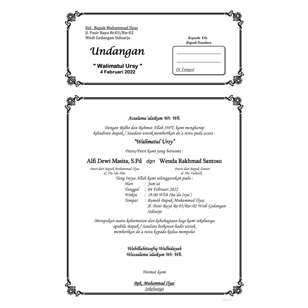 undangan walimahan / walimatul ursy / undangan folio hitam putih / undangan tahlil / undangan aqiqah