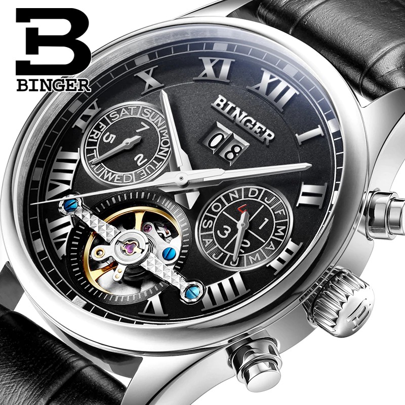 Jam tangan mekanik pria keren Switzerland BINGER men's watch luxury brand Tourbillon sapphire