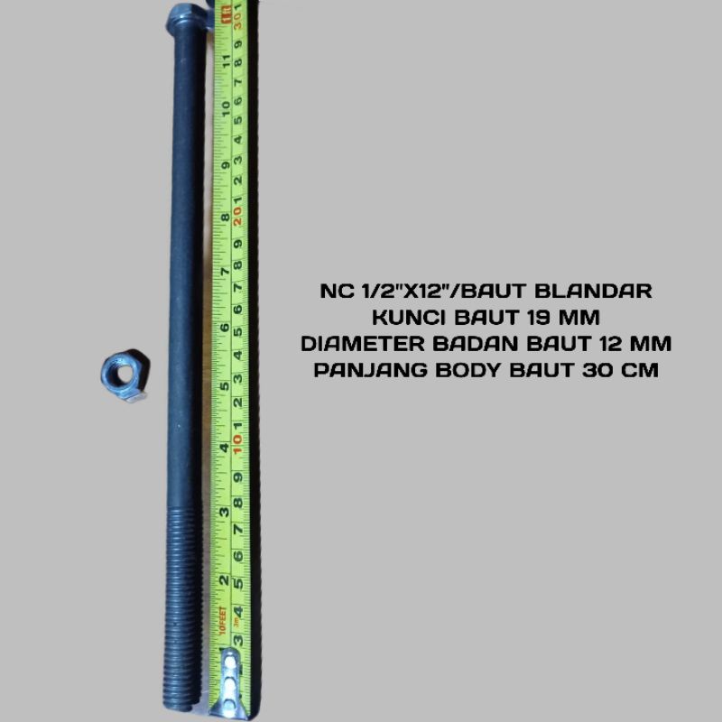 BAUT BLANDAR 12 INCH KUNCI 19 PANJANG 30 CM-Baut Mur Balok Kayu  NC 1/2X12