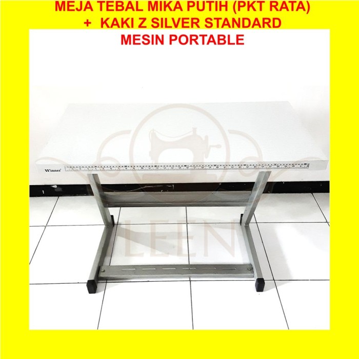 Meja TEBAL MIKA PUTIH &amp; Kaki Z Silver SET Mesin Jahit Portable LEEN