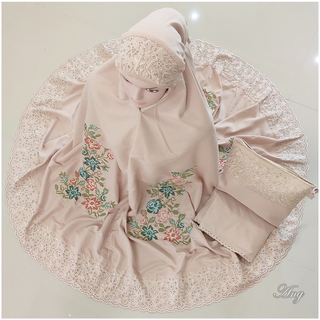 Mukena khadijah Bordir Strimin ( kristik ) khas Bukittinggi / Padang bahan Katun Mikro