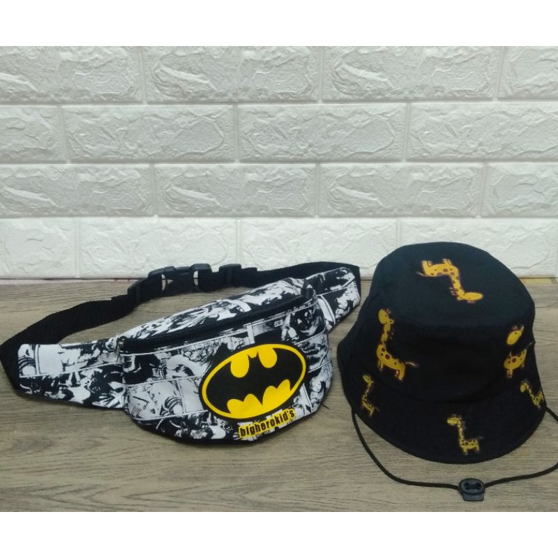 (BISA COD) Waistbag Batman 2in1 Tas SLempang anak laki-laki/topi bucket taly 2-9tahun