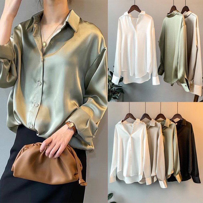 MS Blouse Premium Wanita Kemeja Satin Wanita Lengan Panjang Import