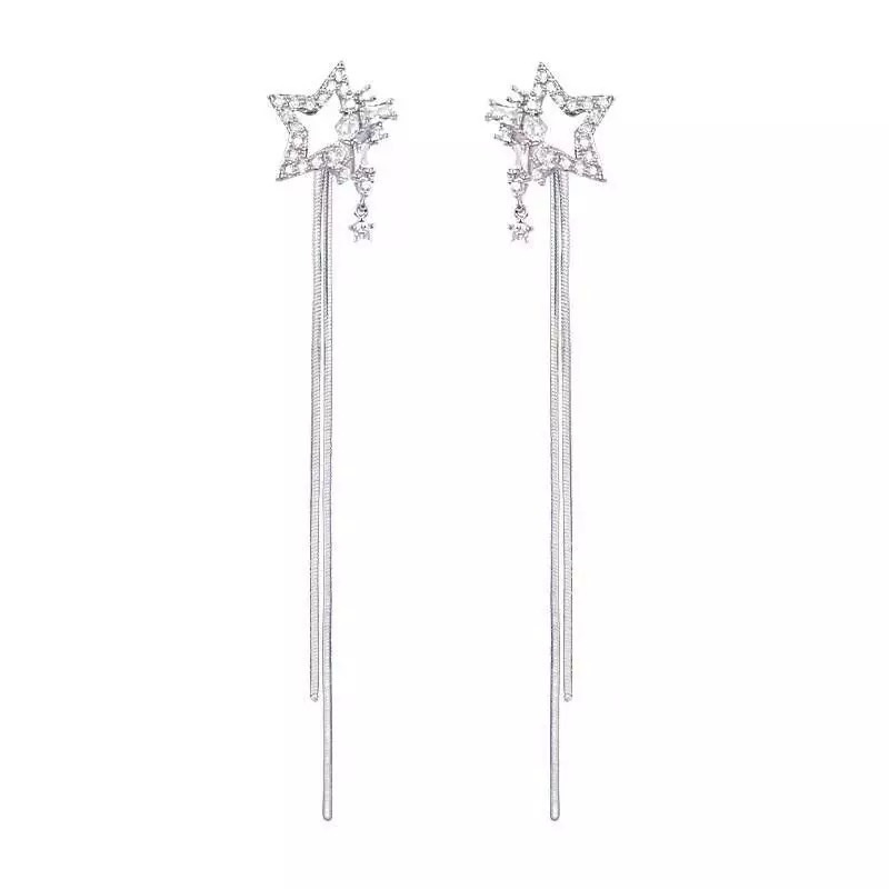 Sterling silver jarum lima menunjuk bintang berlian panjang rumbai anting-anting menggantung anting-