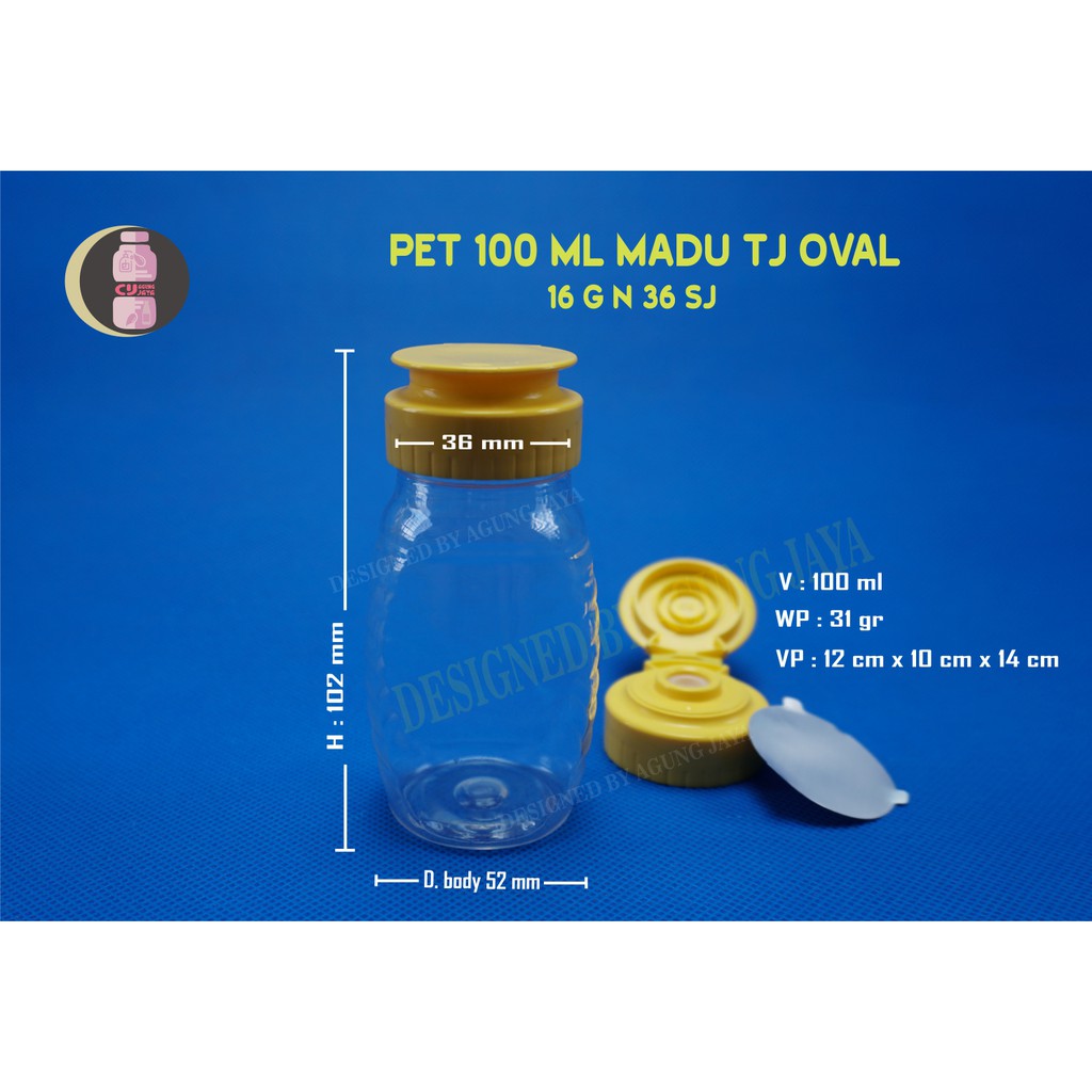 Botol 100 ml Madu TJ /Botol 100 ml Madu Oval/Botol 100 ml Madu Kuning/ Tj Tutup Hitam