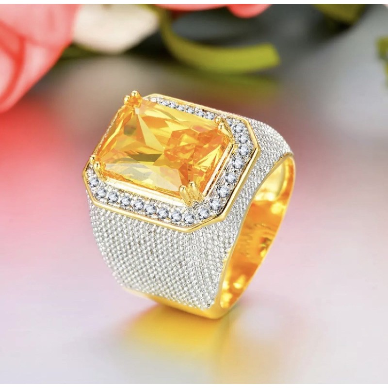 Cincin Pria Mewah Batu Safir Kuning Yakut Gold Platted