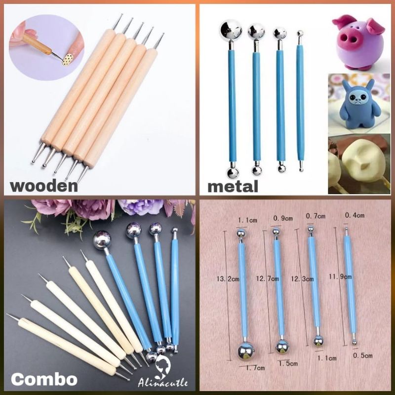 Modelling Decorating Tools Set Flower Sculpture Clay Fondant Cake Carving Stainless Steel Ball Tools for cakes and Wooden Dotting tool for Nail Art and Craft, Modelling Tool