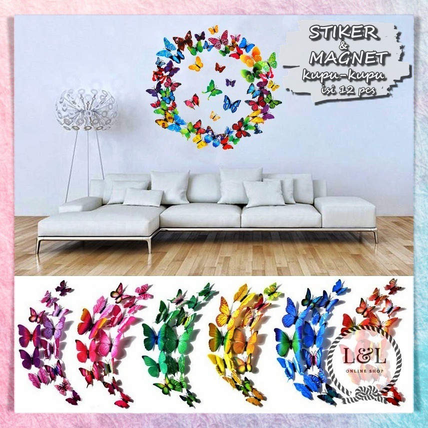 Stiker &amp; Magnet Tempelan Kulkas Dekorasi Dinding Tembok Motif Kupu Kupu 3D Wall Sticker Butterfly