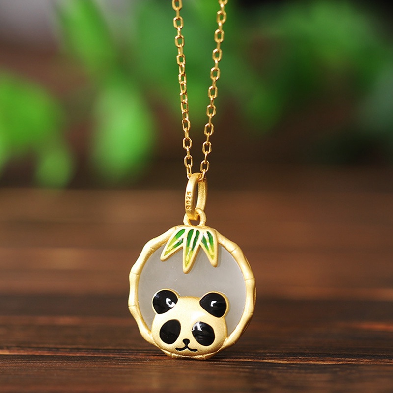 Kalung Liontin Bahan Giok Hetian Desain Pandabambu Untuk Wanita