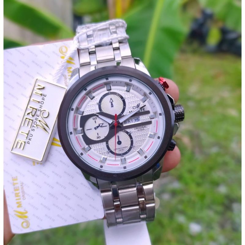 SPORTY MIRETE ORIGINAL SILVER PLAT HITAM TERBARU/JAM TANGAN KASUAL PRIA  TERMURAH TAHAN AIR  FITUR TANGGAL HARI/JAM TANGAN COWOK RANTAI STAINLIS STEL MIRETE ORIGINAL COD/JAM TANGAN IMPORT KEKINIAN DAN TERLARIS FREE BATRAI MIRETE M 97