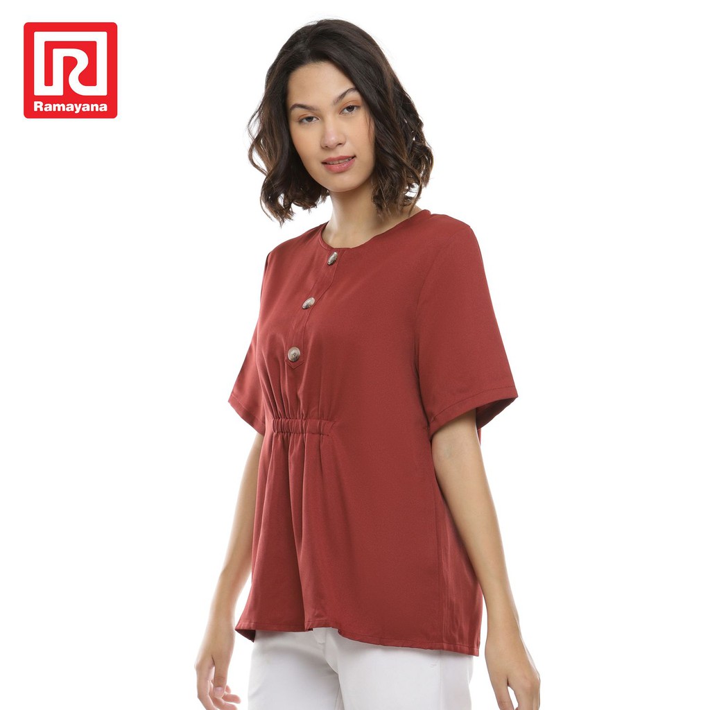 Ramayana - JJ Jeans Blouse Wanita Kancing Kombinasi Kerut S/S B042028 Biru M-merah bata