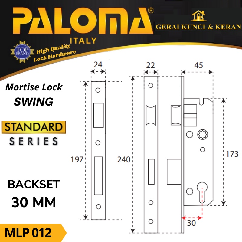 PALOMA MORTISE LOCK SWING  MLP 012  30MM SSS BODY KUNCI  PINTU ALUMINIUM  STAINLESS