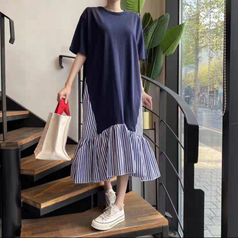 84810 Fashion Baju Midi Dress rempel remple renda bawah duyung motif polos mix garis salur kerah leh