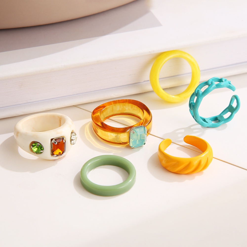 6pcs / Set Cincin Bahan Resin Warna-Warni Dapat Disesuaikan Untuk Wanita