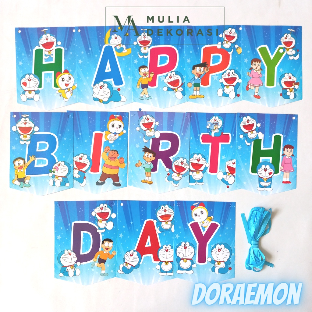 Bunting Flag Banner Happy Birthday 1 Set Motif Karakter Anak Lucu Disney Sapiderman Tayo Doraemon Baby Shark Kuda Poni