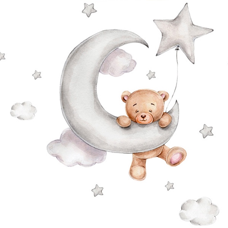 Stiker Dinding Decal Desain Kartun Bear Moon Cloud Star Bahan Pvc Untuk Kamar Anak