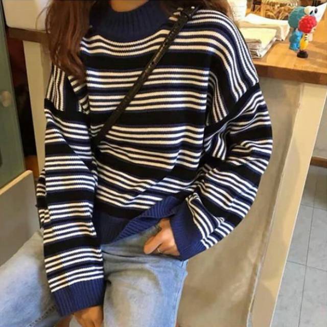 AGNES stripe rajut blaster navy | sweater rajut wanita