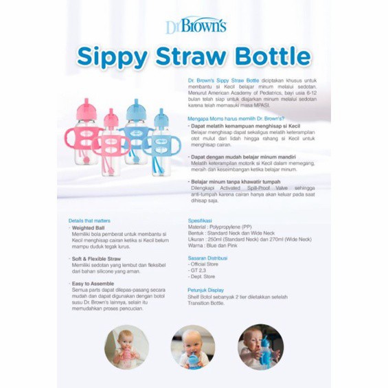 DR BROWN'S SIPPY STRAW BOTTLE WITH SILICONE HANDLES 8OZ 250ML