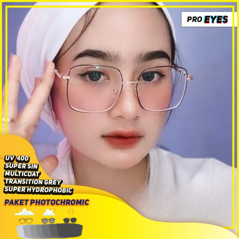 Kacamata Besar Kotak Besar Wanita Normal Minus Antiradiasi Blueray Photocromic Bluecromic