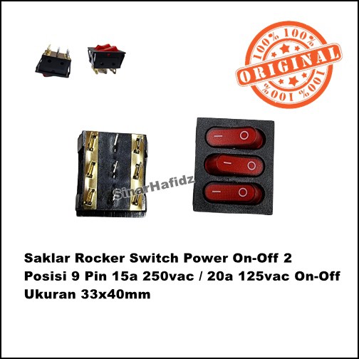 Saklar Rocker Switch Power On-Off 2 Posisi 9 Pin 15a 250vac / 20a 125vac On-Off Ukuran 33x40mm