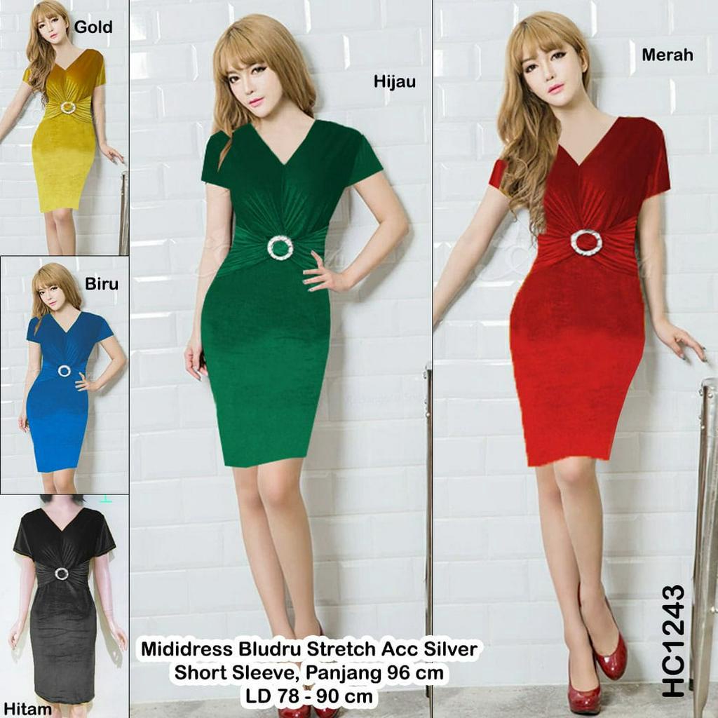 HC1243 Midi Dress Bludru Acc Silver Short Sleeve Stretch / Midi seksi / Sexy Midi / MidiDress / Gaun Pesta