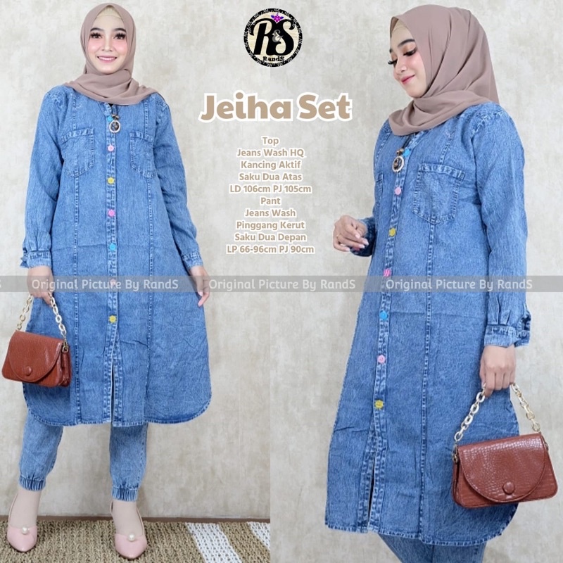 setelan Wanita Long Tunik Celana Jogger Jeiha Set Jeans