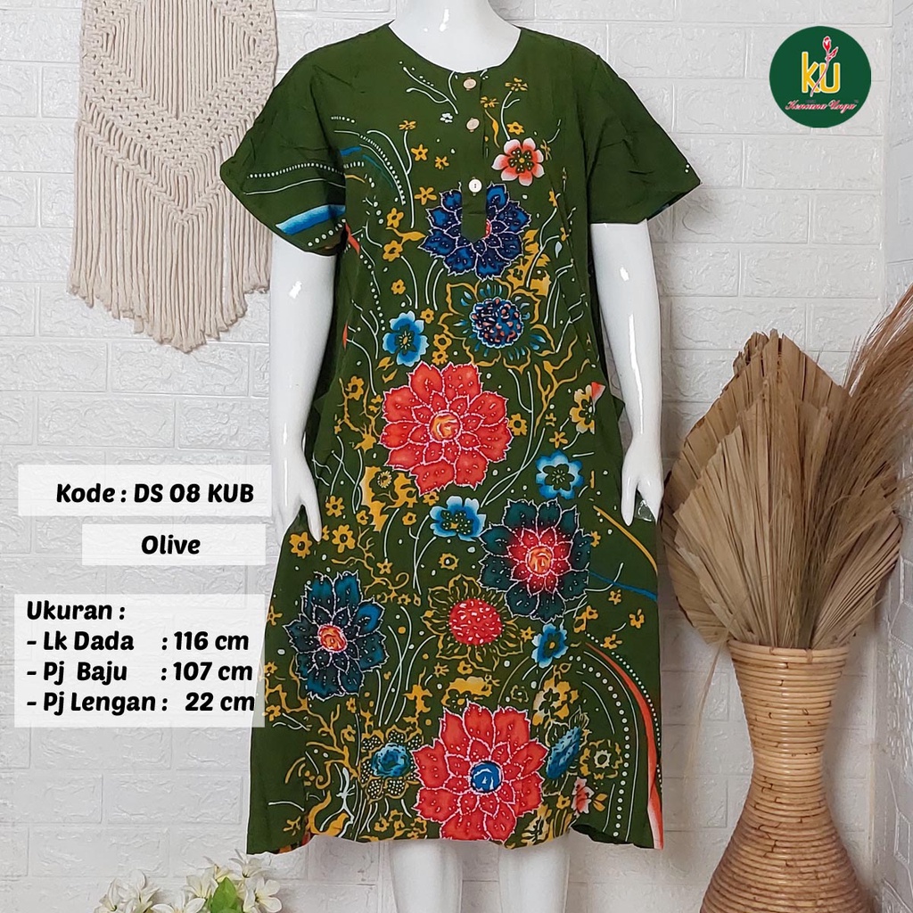 Bisa COD DS08 KUB | Daster Batik Kencana Ungu Asli Label Biru | Baju Santai Tidur Wanita Dewasa Kancing Depan Busui Friendly Motif Terbaru-Olive A