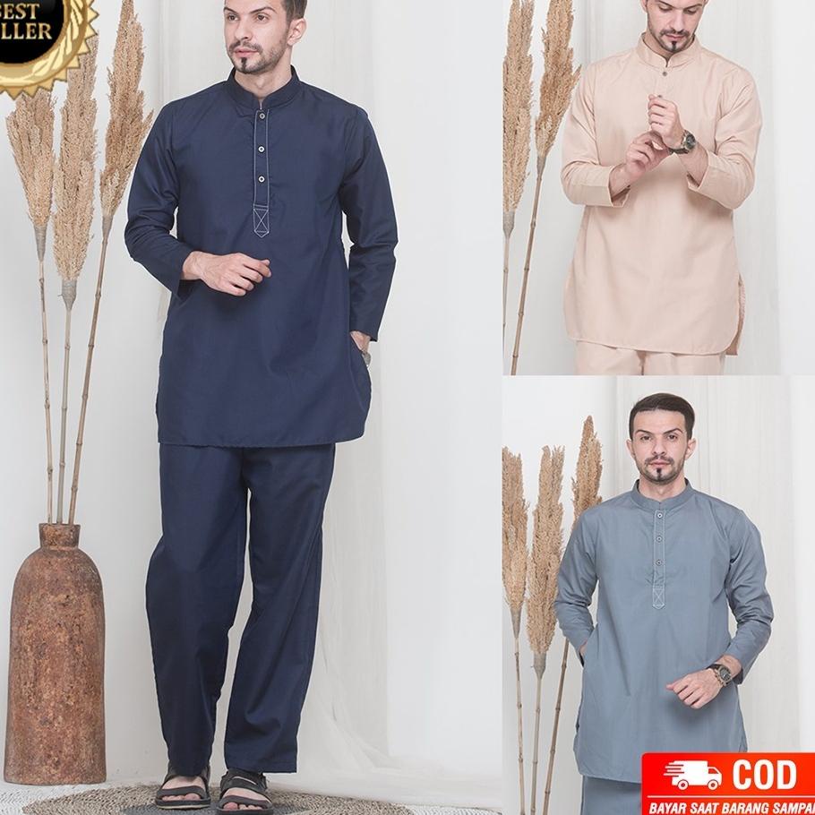 New Baju Koko Muslim 1 Set Setelan Atasan + Bawahan Celana Qurta Pakistan Lengan Panjang Pria Dewasa Kurta Distro Bandung Original