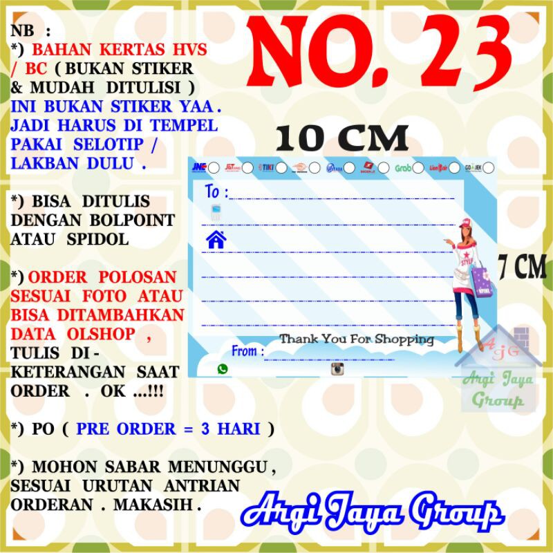 

Label Pengiriman Alamat Olshop Murah Nomer 23 - 10x7cm - Kertas BC (Manila)