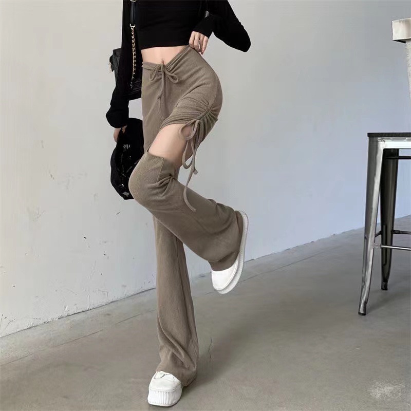 H7 cp1/27 New fashion Long pants cutbray highwaist korean style import / Celana panjang wanita pinggang tinggi tali serut  variasi bolong paha