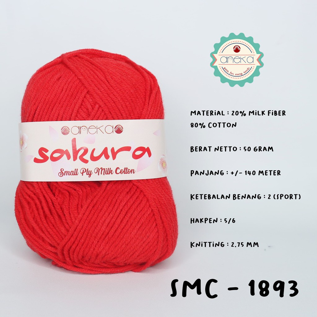 Benang Rajut Katun Susu 4 Ply / Sakura SMALL PLY Milk Cotton Yarn - 1893 (Merah)