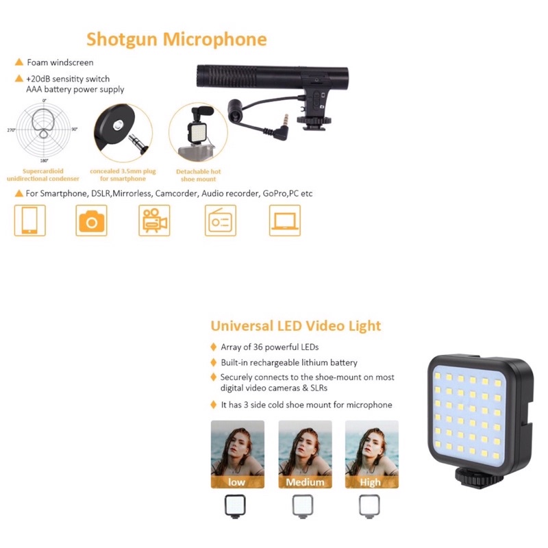 Paket Vlog Kit Tripod AY49 + Mikrofon LED Ligthning Remote Bluetooth