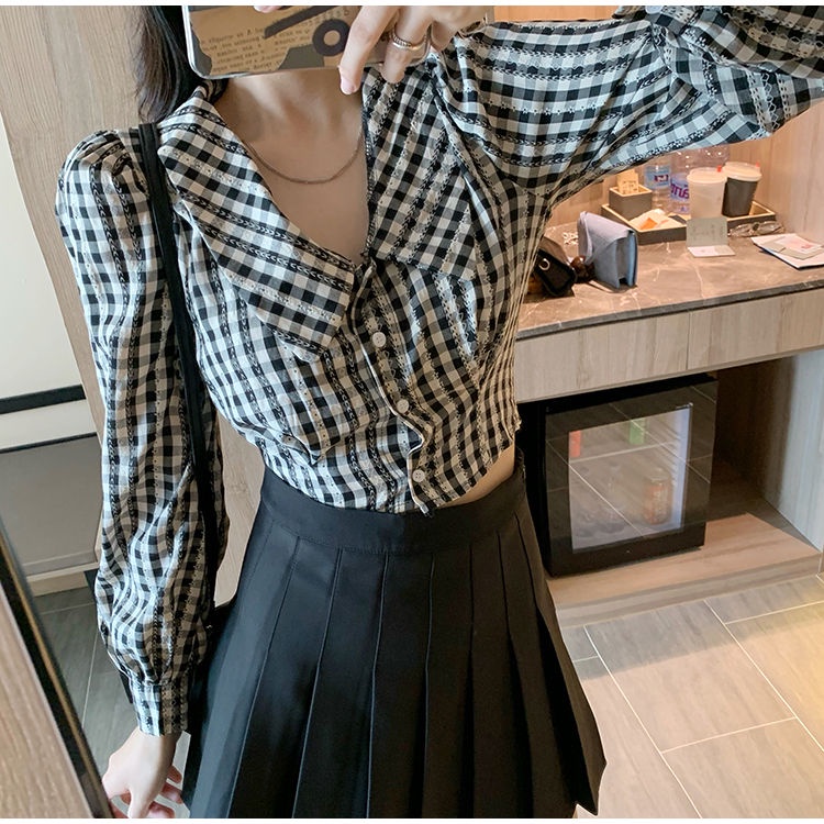 Kemeja Crop Wanita Kotak Kotak Import Wanita Lengan Panjang Blouse Korean Style