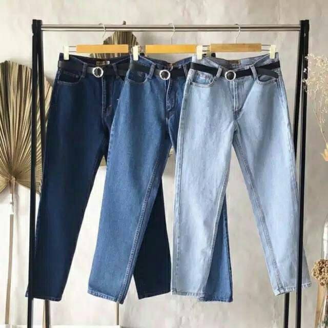  CELANA WANITA PLAIN BOYFRIEND JEANS  Free Belt Shopee 