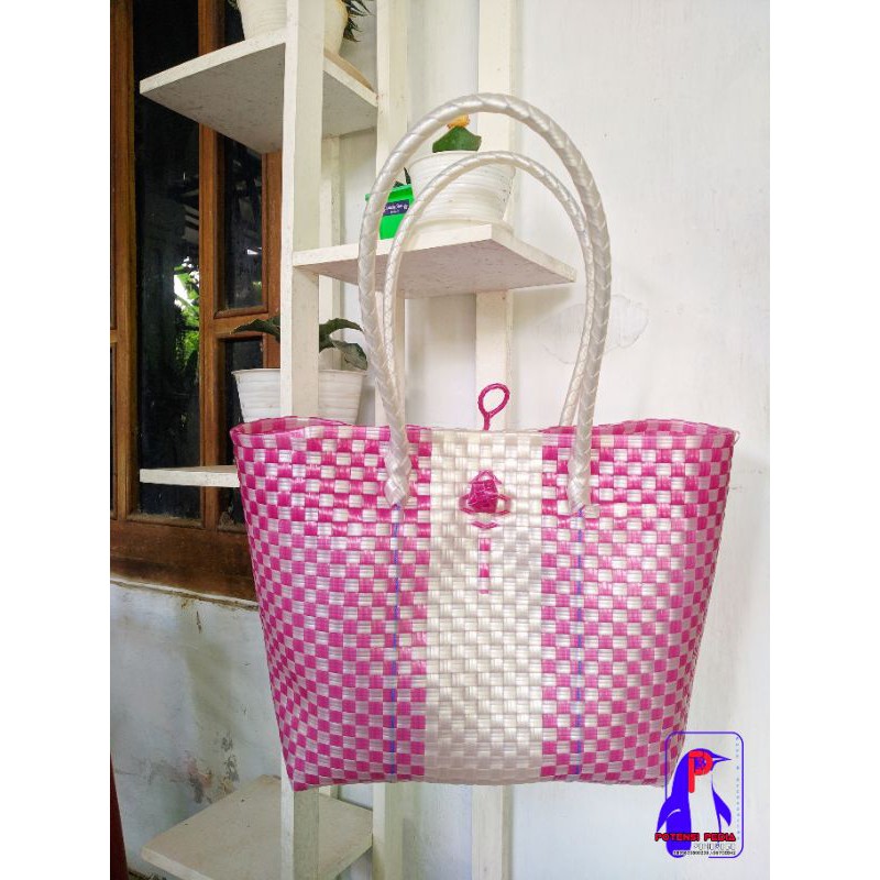 TAS ANYAMAN PLASTIK PINK JALI PREMIUM SIZE S/M/L. tali panjang