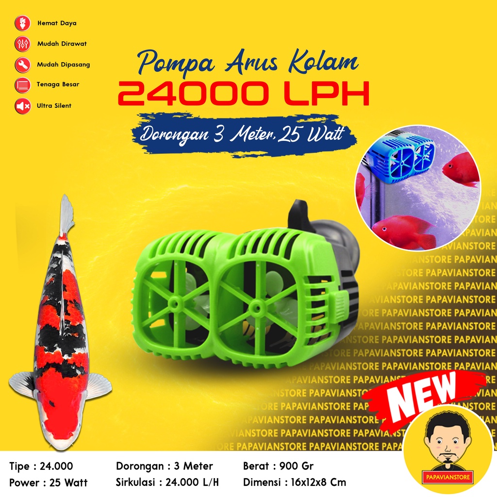 Mesin Pompa Arus Wave Maker Pencipta Ombak Air Kolam Ikan Hias Koi Aquarium Tank Predator Submersible Water Pump Celup Rendam - 24000 LPH Liter Per Jam Semburan 3 Meter Low 25 Watt Rendah Daya Dorong 3m