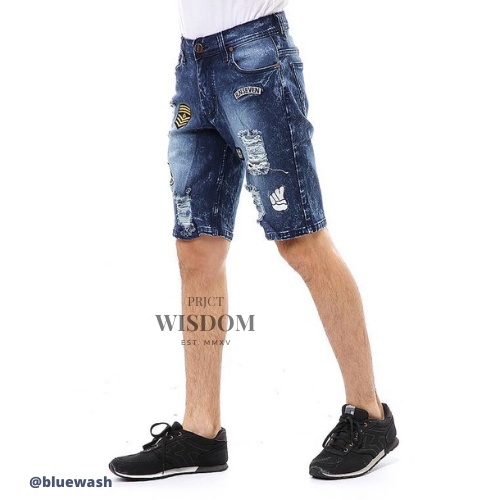 Wisdom / Short Pants Ripped  Skinny Jeans Celana Pendek Pria Sticker Motive Material Denim Softjeans Stretch ORIGINAL - Blue wash