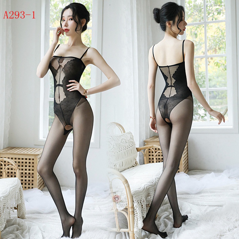 Lingerie Wanita Sexy Transparan Open tali Floral Siamese Stockings Cosplay A292